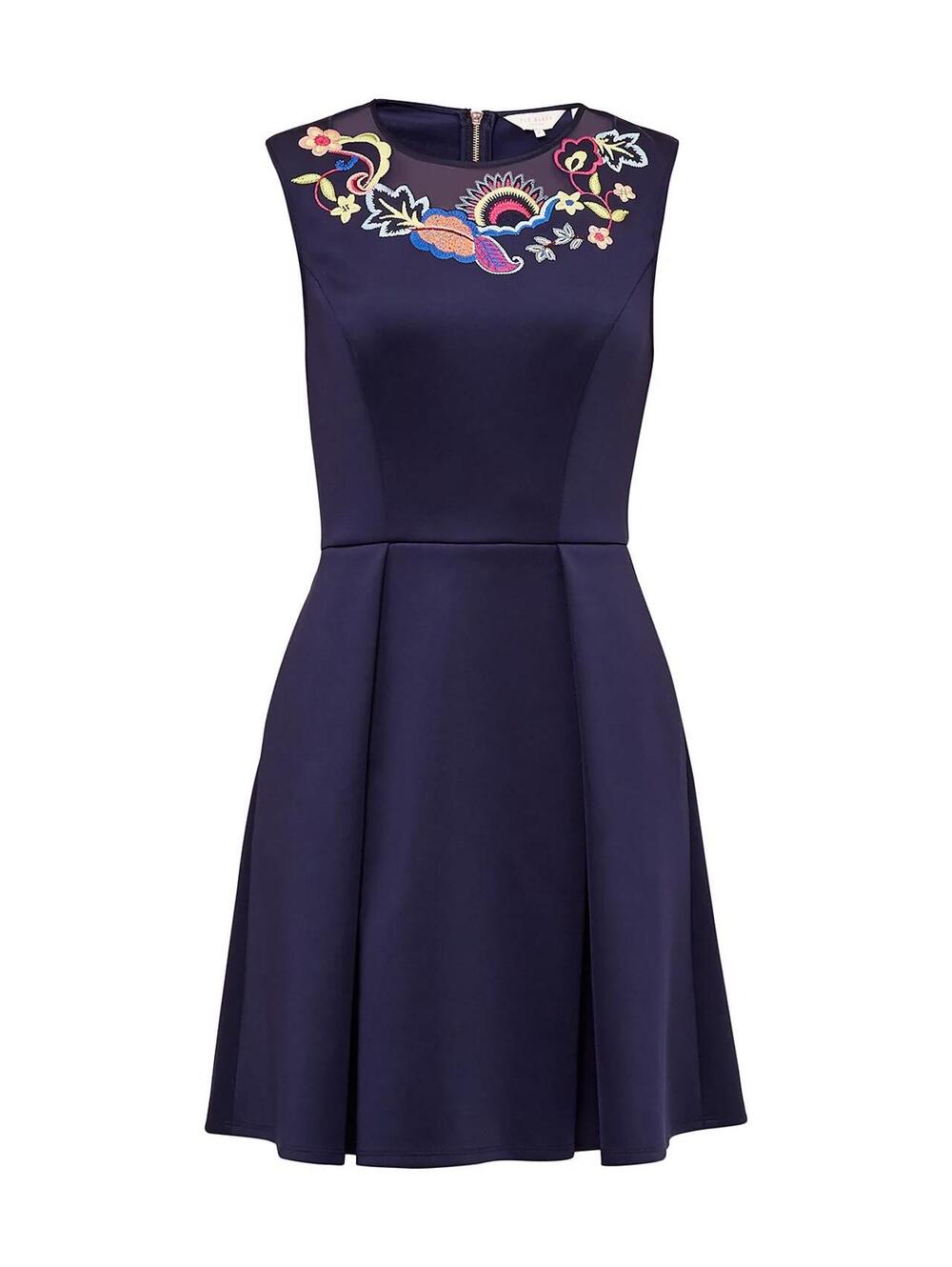 Ted Baker 2 (US 6) embroidered sleeveless fit flare Neoprene navy cocktail Dress